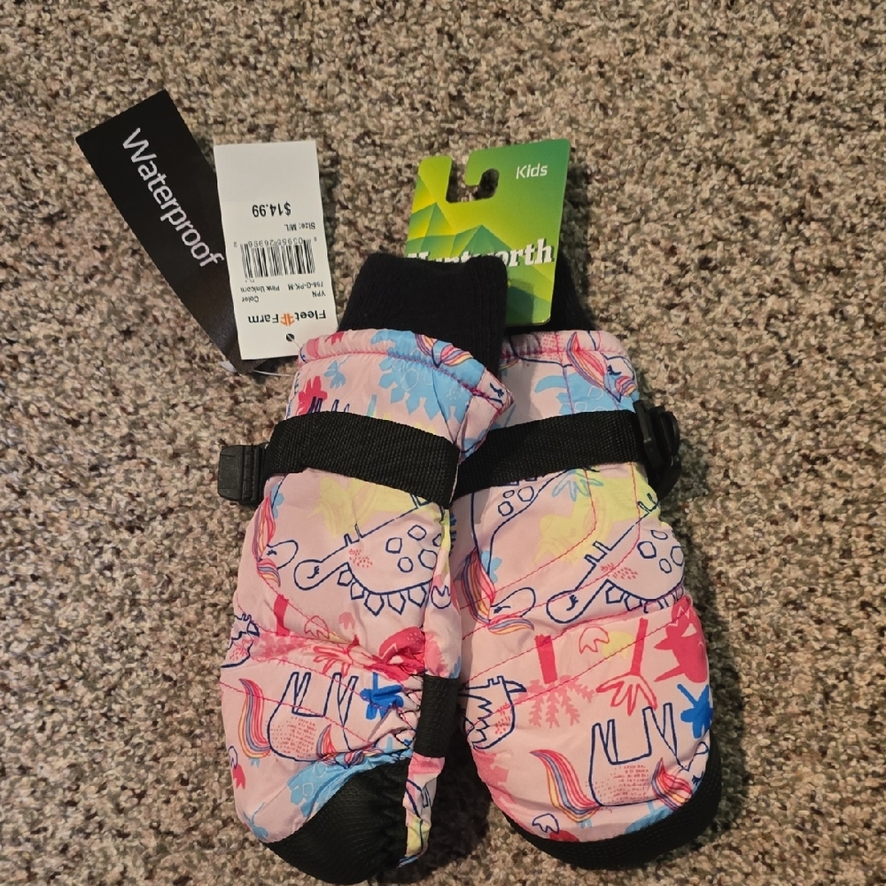Kids Waterproof Mittens - Pink Multicolor Dinosaur Print